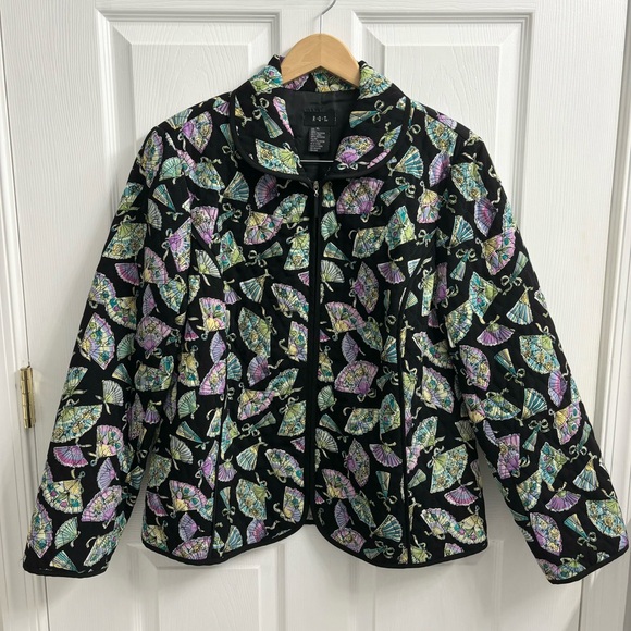 Vintage Jackets & Blazers - Quilted Zip Jacket Womens XL Black Fan Patterned Art to Wear Colorful Funky
